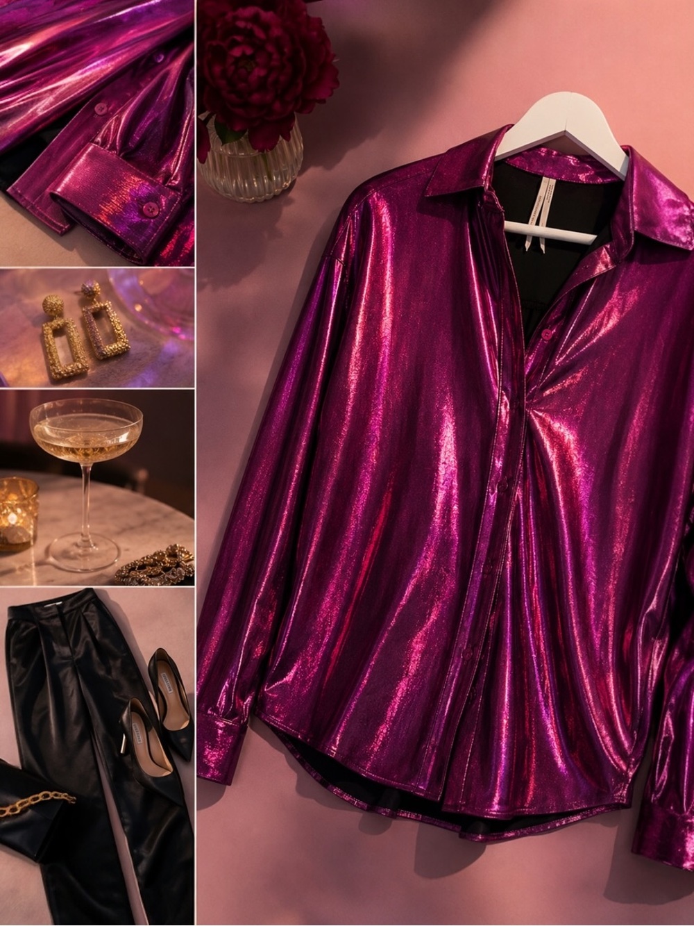 Anthropologie Metallic Fuchsia Button Front Blouse M Pink Foil Shimmer Party Top